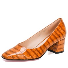 Square Toe Chunky Heels Crocodile Pattern Pumps - Brown
