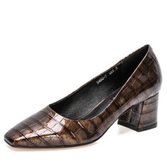 Square Toe Chunky Heels Crocodile Pattern Pumps - Coffee