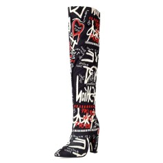 Pointed Toe Over The Knees Thigh Highs Chunky Heels Graffiti Print Boots - Black Fabric