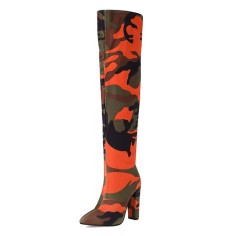 Pointed Toe Over The Knees Thigh Highs Chunky Heels Camouflage Print Boots - Brown Orange Fabric