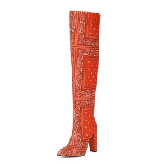 Pointed Toe Over The Knees Thigh Highs Chunky Heels Ethnic Print Boots - Orange Fabric