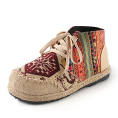 Round Toe Cotton Linen Ethnic Kilim Pattern Lace Up Flat Shoes - Red