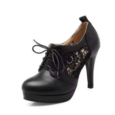 Round Toe Low Platforms Lace Up Mesh Stiletto Spike Cover Heels Loafer Pumps - Black Faux Leather