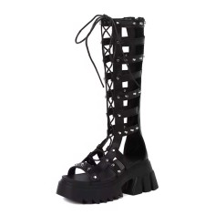 Peep Toe Hollow Cross Straps Lace Up Roman Style Gladiator Platform Chunky Heels Summer Boots - Black Faux Leather