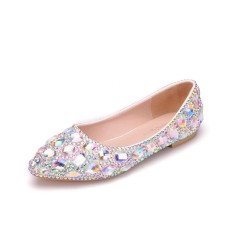 Pointed Toe Rhinestones Wedding Bride Ballets Flats - Multicolor