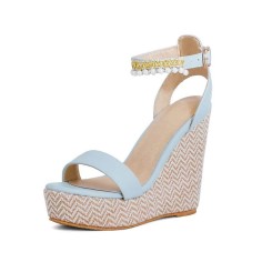 Peep Toe  Wedges Ankle Buckle Pearl Bead Straps Sandal  - SkyBlue