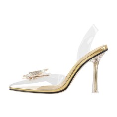 Pointed Open Toe Stiletto Heels Transparent Butterfly Rhinestones Slingback Sandals - Gold Pvc