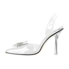 Pointed Open Toe Stiletto Heels Transparent Butterfly Rhinestones Slingback Sandals - Silver Pvc