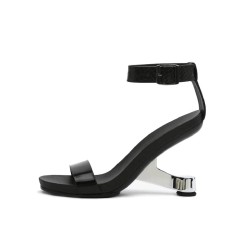 Peep Toe Retrofuturistic Metal Strange Heels Ankle Straps Sandals - Black