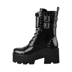 Round Toe Chunky Heels Platforms Ankle Buckle Double Straps Side Zipper Rivets Gothic Punk Boots - Black