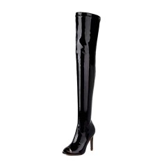 Peep Toe Stiletto Heels Thigh Thigh Over The Knee Boots - Black Patent