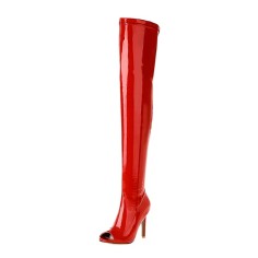 Peep Toe Stiletto Heels Thigh Thigh Over The Knee Boots - Red Patent