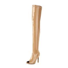 Peep Toe Stiletto Heels Thigh Thigh Over The Knee Boots - Apricot Tan Patent