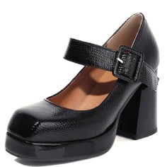 Square Toe Chunky Heels Buckle Straps Platforms Mary Janes Shoes - Black