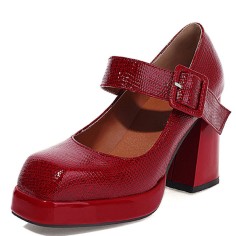 Square Toe Chunky Heels Buckle Straps Platforms Mary Janes Shoes - Red