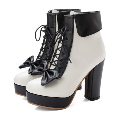 Round Toe Lace Up Cuban Heels Ankle High Platforms Bowtie Decorated Anime Boots - Black