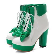 Round Toe Lace Up Cuban Heels Ankle High Platforms Bowtie Decorated Anime Boots - Green
