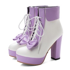 Round Toe Lace Up Cuban Heels Ankle High Platforms Bowtie Decorated Anime Boots - Purple