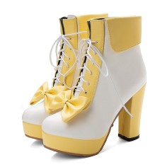 Round Toe Lace Up Cuban Heels Ankle High Platforms Bowtie Decorated Anime Boots - Yellow