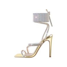 Stiletto Heels Crystal Gladiator Strap Square Toe PVC Sandals - Gold