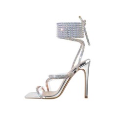 Stiletto Heels Crystal Gladiator Strap Square Toe PVC Sandals - Silver