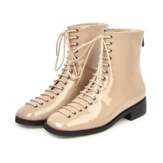 Round Toe LaceUp Vintage Punk Rock Crosstied Patent Boots - Beige