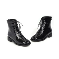 Round Toe LaceUp Vintage Punk Rock Crosstied Patent Boots - Black