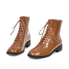 Round Toe LaceUp Vintage Punk Rock Crosstied Patent Boots - Yellow