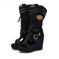 Peep Toe Wedges Ankle High Western Retro Cowboy Boots - Black Flock
