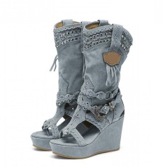Peep Toe Wedges Ankle High Western Retro Cowboy Boots - Blue Flock