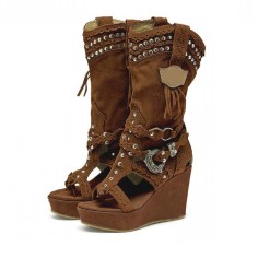 Peep Toe Wedges Ankle High Western Retro Cowboy Boots - Brown Flock