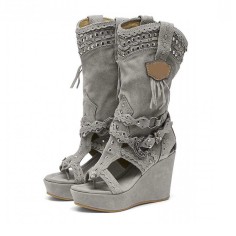 Peep Toe Wedges Ankle High Western Retro Cowboy Boots - Gray Flock