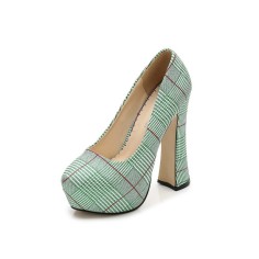 Round Toe Chunky Heels Platforms British Style Pumps - Green