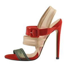 Peep Toe Stiletto Heels Ankle Buckle Straps Slingback Transparent Flock Sandals  - Red
