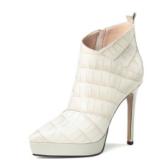 Pointed Toe Stiletto Heels Ankle High Platforms Leather Booties - Beige