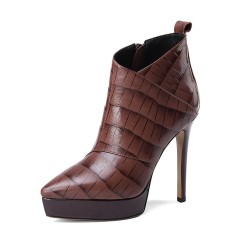 Pointed Toe Stiletto Heels Ankle High Platforms Leather Booties - Brown