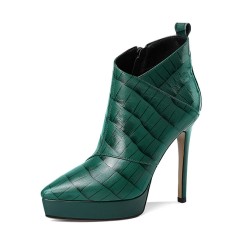 Pointed Toe Stiletto Heels Ankle High Platforms Leather Booties - Green
