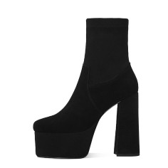 Round Toe Chunky Heels Ankle High Platforms Flock Booties - Black