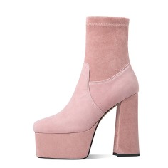 Round Toe Chunky Heels Ankle High Platforms Flock Booties - Pink