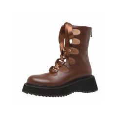 Round Toe Platforms Ribbon Lace Up Boots with Back Zipper - Auburn