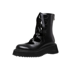 Round Toe Platforms Ribbon Lace Up Boots with Back Zipper - Black