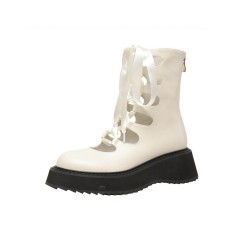 Round Toe Platforms Ribbon Lace Up Boots with Back Zipper - White