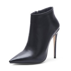 Pointed Toe Stiletto Heels Side Zipper Stylish Autumn Ankle Highs Booties - Black