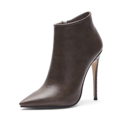 Pointed Toe Stiletto Heels Side Zipper Stylish Autumn Ankle Highs Booties - Brown