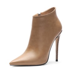 Pointed Toe Stiletto Heels Side Zipper Stylish Autumn Ankle Highs Booties - Khaki