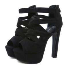 Thick Heel Fish Mouth Strap Hollow Platforms Back Zipper Sandals - Black Flock
