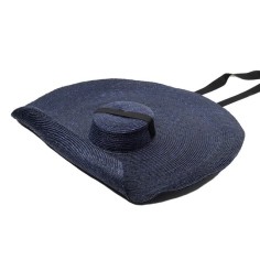 Flat Cartwheel Straw Oversized Big Brim Summer Beach Casual Hat - Navy