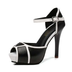 Fish Mouth Peep Toe Stiletto Heels Platforms Ankle Buckle Straps Double Color Pumps - Black Faux Leather