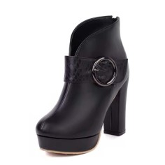 Round Toe Chunky Heels Snake Pattern Straps Low Platforms Ankle Highs Zipper Boots - Black Faux Leather