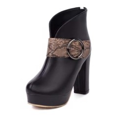 Round Toe Chunky Heels Snake Pattern Straps Low Platforms Ankle Highs Zipper Boots - Brown Faux Leather